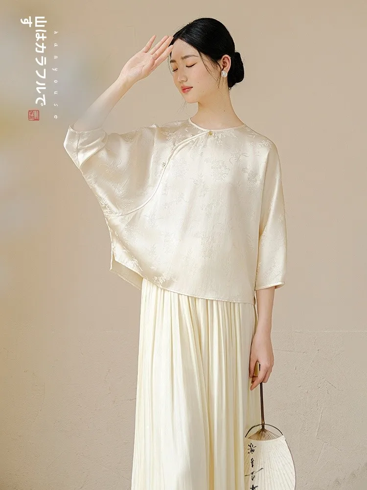 

Новая китайская женская шелковая атласная блузка: дизайнерская сенсация, летняя одежда, цвета гор и луны, новая традиционная национальная мода