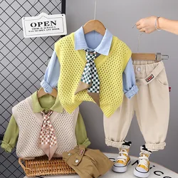 Boys Clothes Sets Spring Autumn Children Knitted Vest Tie Shirts Pants 3pcs Party Suit For Baby Costume Kids Fashion Outfits 6Y