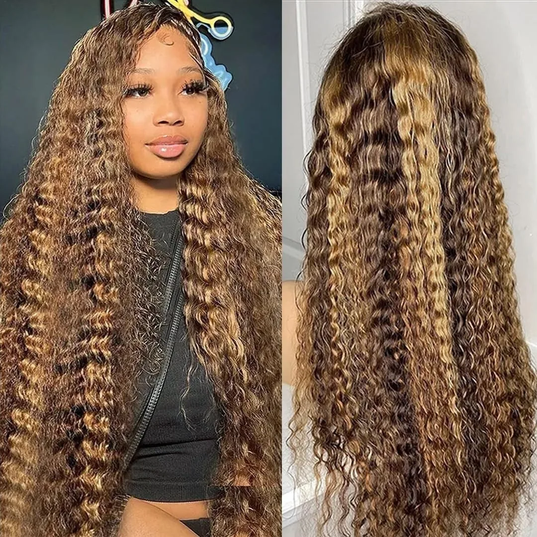 

250% Density 4/27 Highlight Honey Brown Curly 13x4 HD Lace Frontal Human Hair Wigs 30 40 Inch 13x6 Deep Water Lace Front Wigs