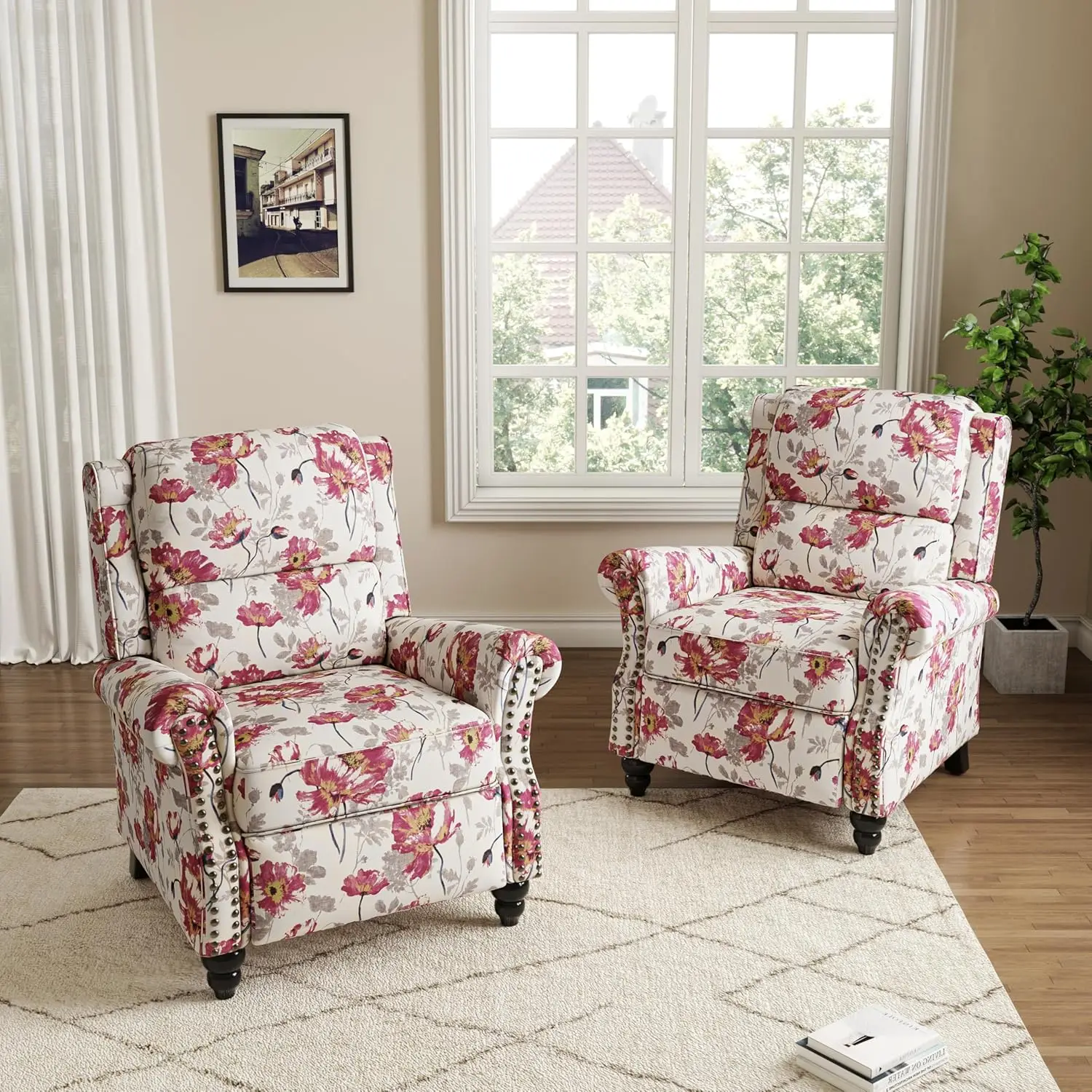 

Floral Pushback Recliner Chair Set 2 Upholstered Wingback Wood Legs Living Room Accent White Customized