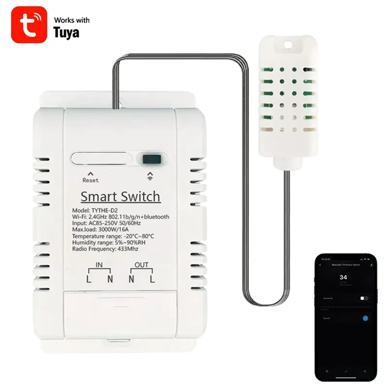 Tuya Smart Wifi Switch 3000W 16A White Plastic 94X57x32mm Wireless Thermostat Temperature And Humidity Monitoring