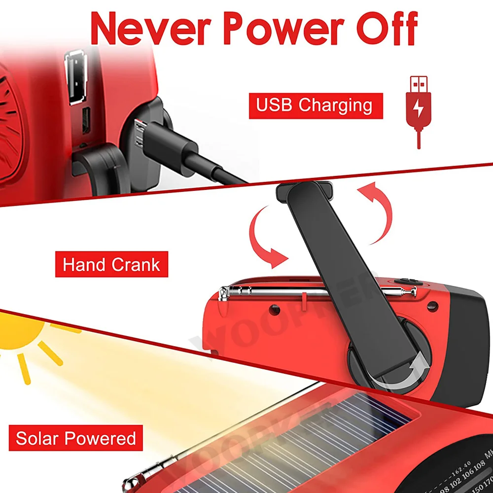 Woopker Radio E01 Multi functional solar powered hand cranked radio USB FM/AM/NOAA WB Weather Radio Emergency Flashlight