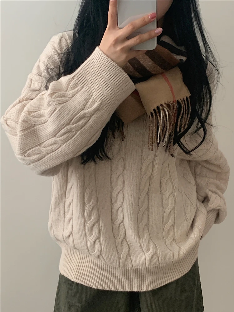 REALEFT Autumn Winter Oversize V-Neck Women\'s Sweater 2023 New Solid Casual Loose Long Sleeve Sweater Knitted Pullover Female