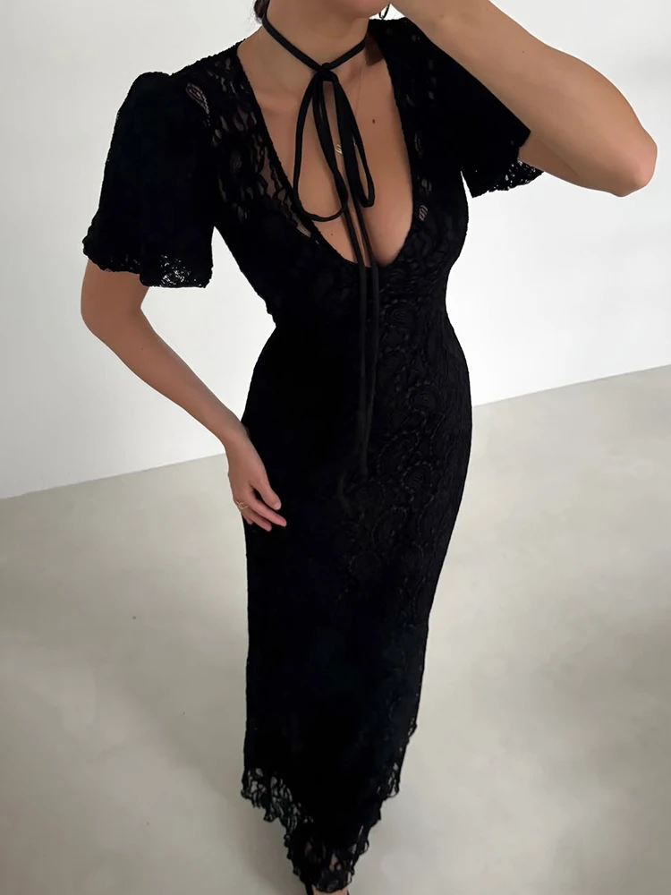 

Talenza Women's Black Dress Sexy V-Neck Lace Patchwork High-Waisted Dress Luxurious Elegant Vintage Female Party Evening Dress