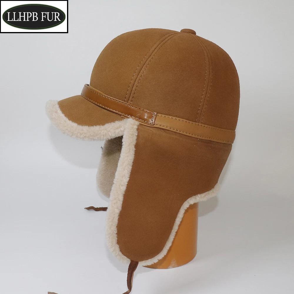 High Quality 2024 Winter Leather Hat Men Fur Lamb Wool Warm Thick Earflaps Bomber Hats Men's Baseball Cap Russian Hat