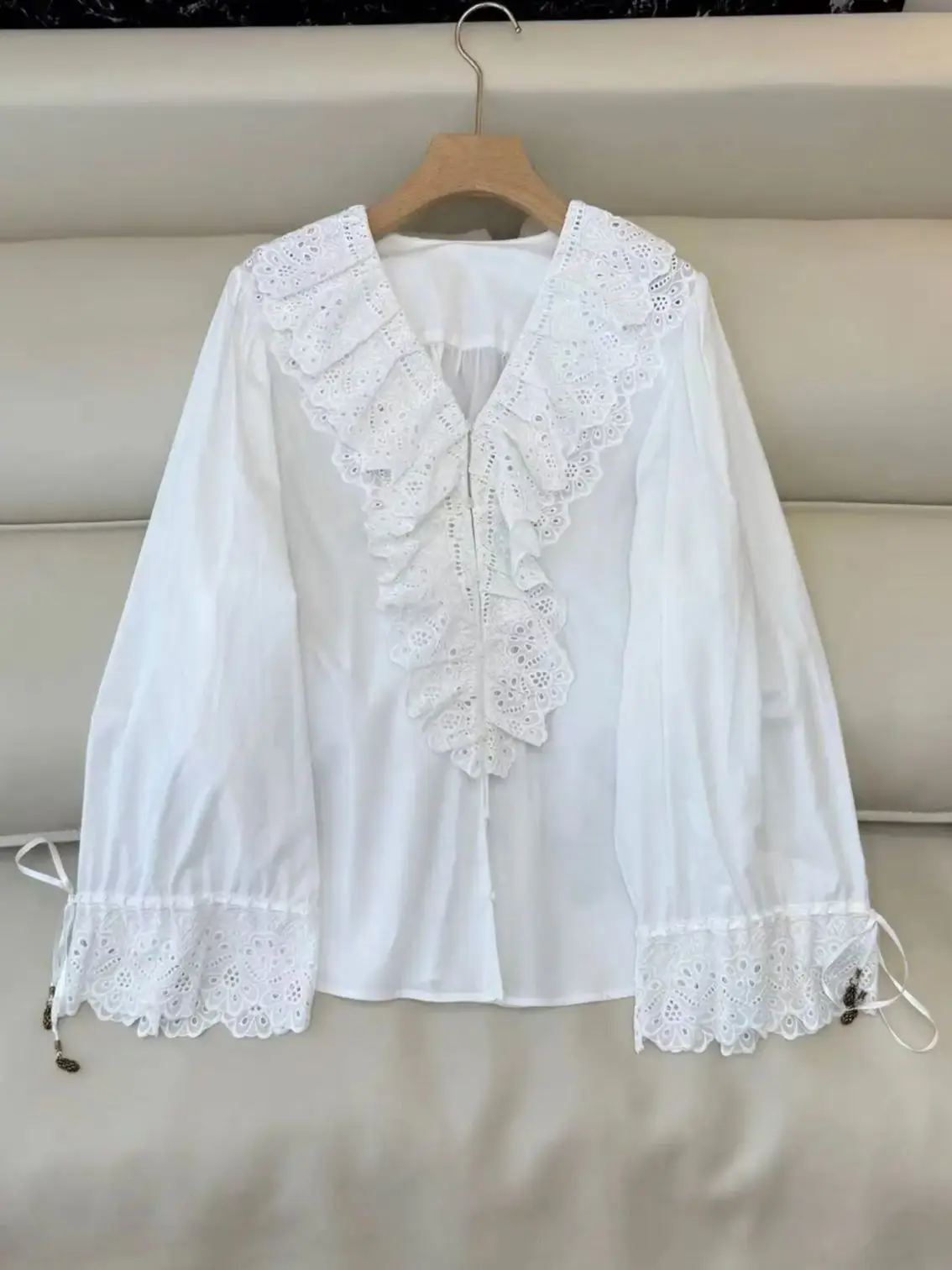 Light luxury embroidered lace hollow out shirt for women's spring and summer pure cotton high-end temperament long sleeved top