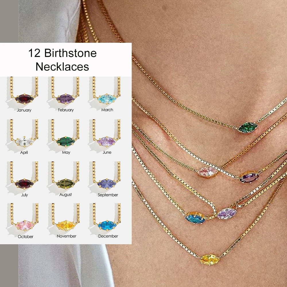 Colorful 12 Birthstone Pendant Necklaces for Women Eye Shape Crystal Gold Color Chain Choker on Neck Birthday Gift Jewelry N512