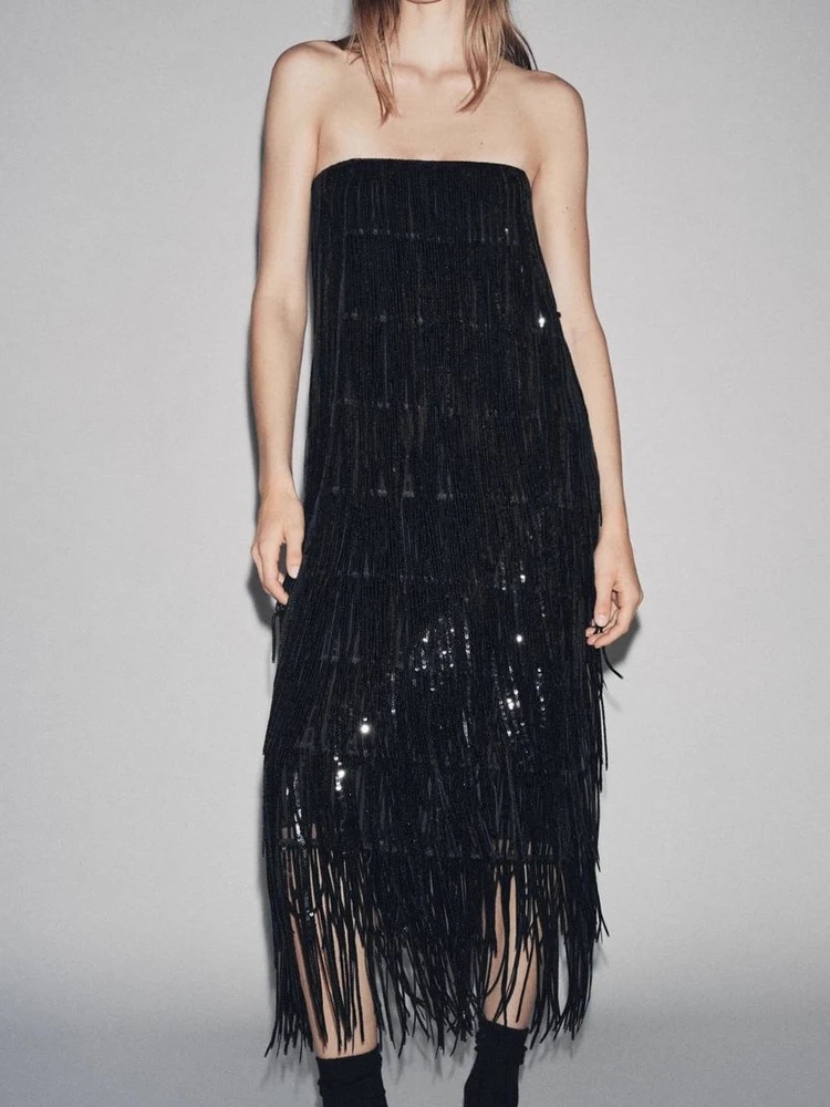 Mode glanzende pailletten jarreteljurk dames elegante kwastje mouwloze club feestjurk casual high street effen lange jurken