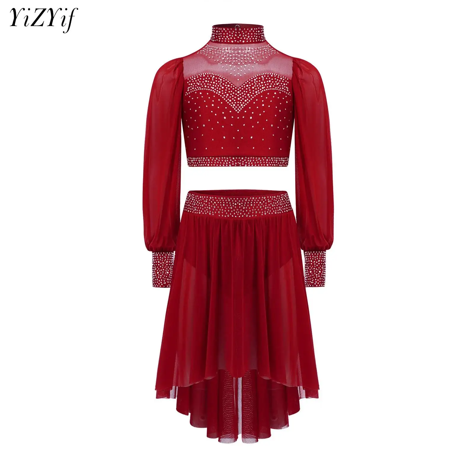 

Teens Modern Dancing Competition Performance Costume Long Sleeves Cutout Back Crop Top with Asymmetrical Skirt for Ballet Lyrica