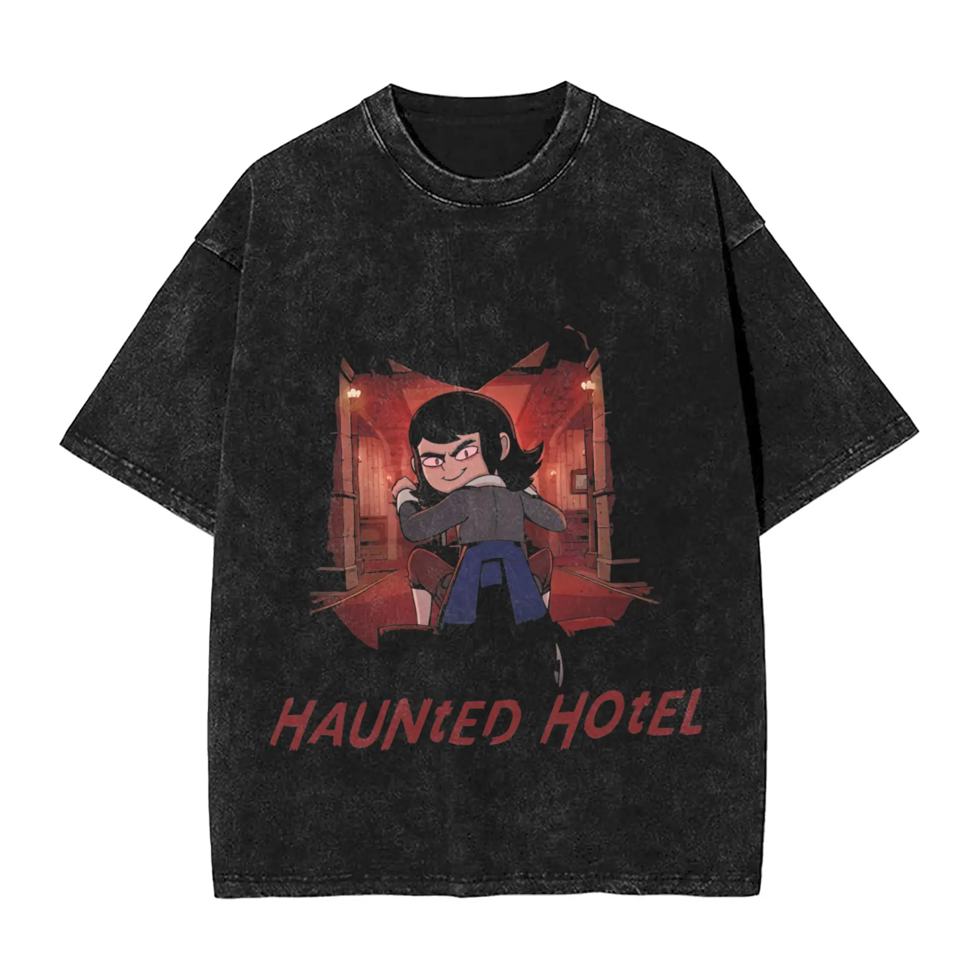 Haunted Hotel Creepy Girl Riding Tricycle Hallway  Merch Washed T Shirt for Men Women Streetwear Hip Hop T-Shirts