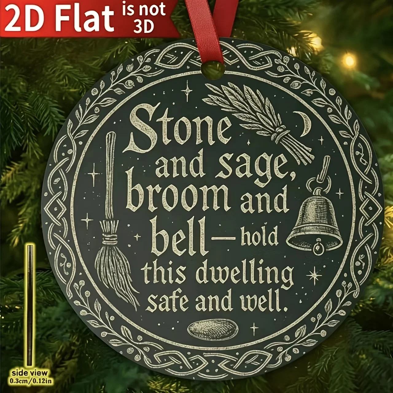House Blessing Wooden Hanging Decor, Witch Celtic Knot Round Hanging Ornament, Stone And Rosemary Broom And Bell, Home Blessing