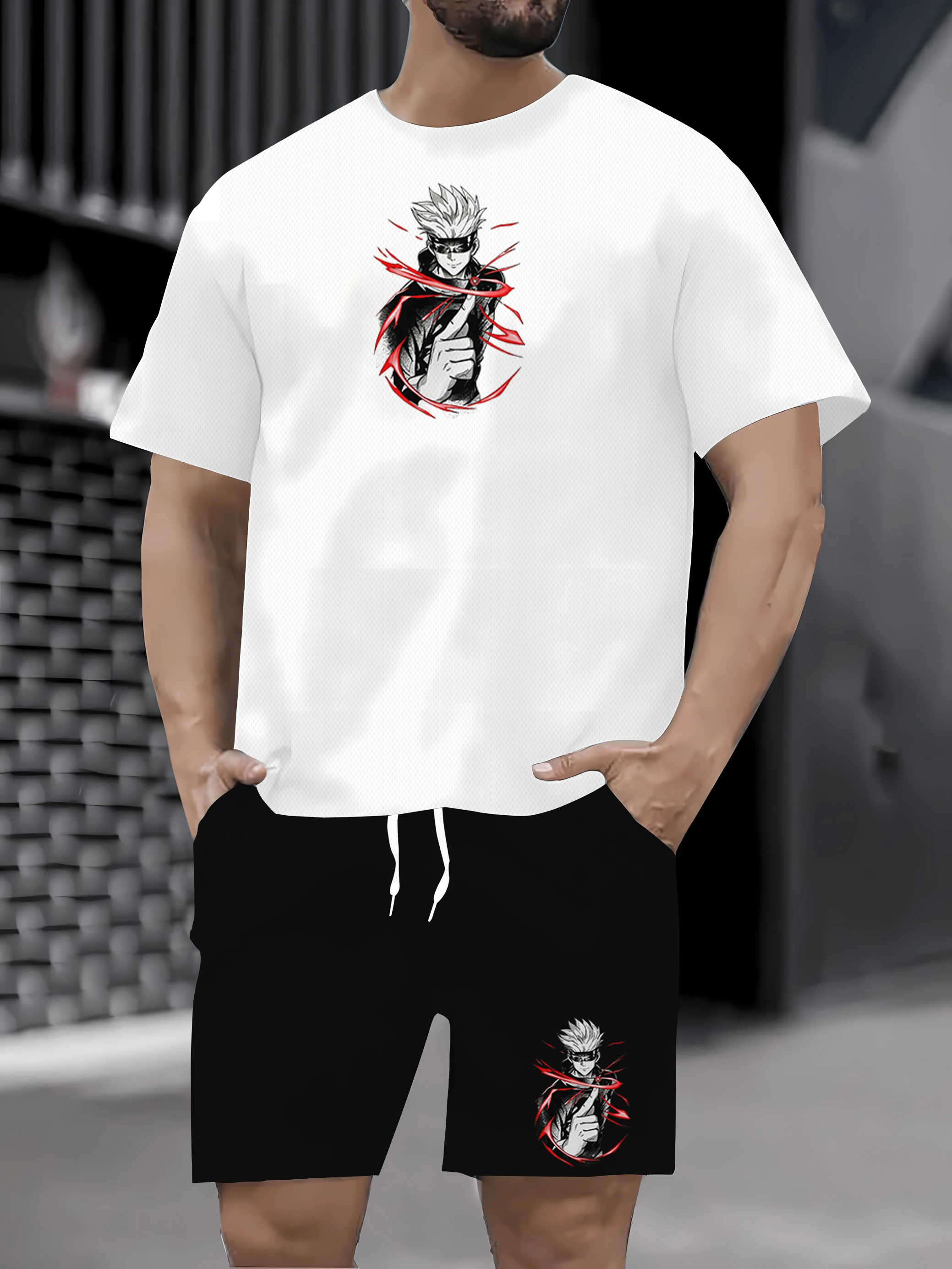 

Conjunto masculino solto e moderno de duas peças: camiseta e shorts de verão de manga curta, secagem rápida e respirável