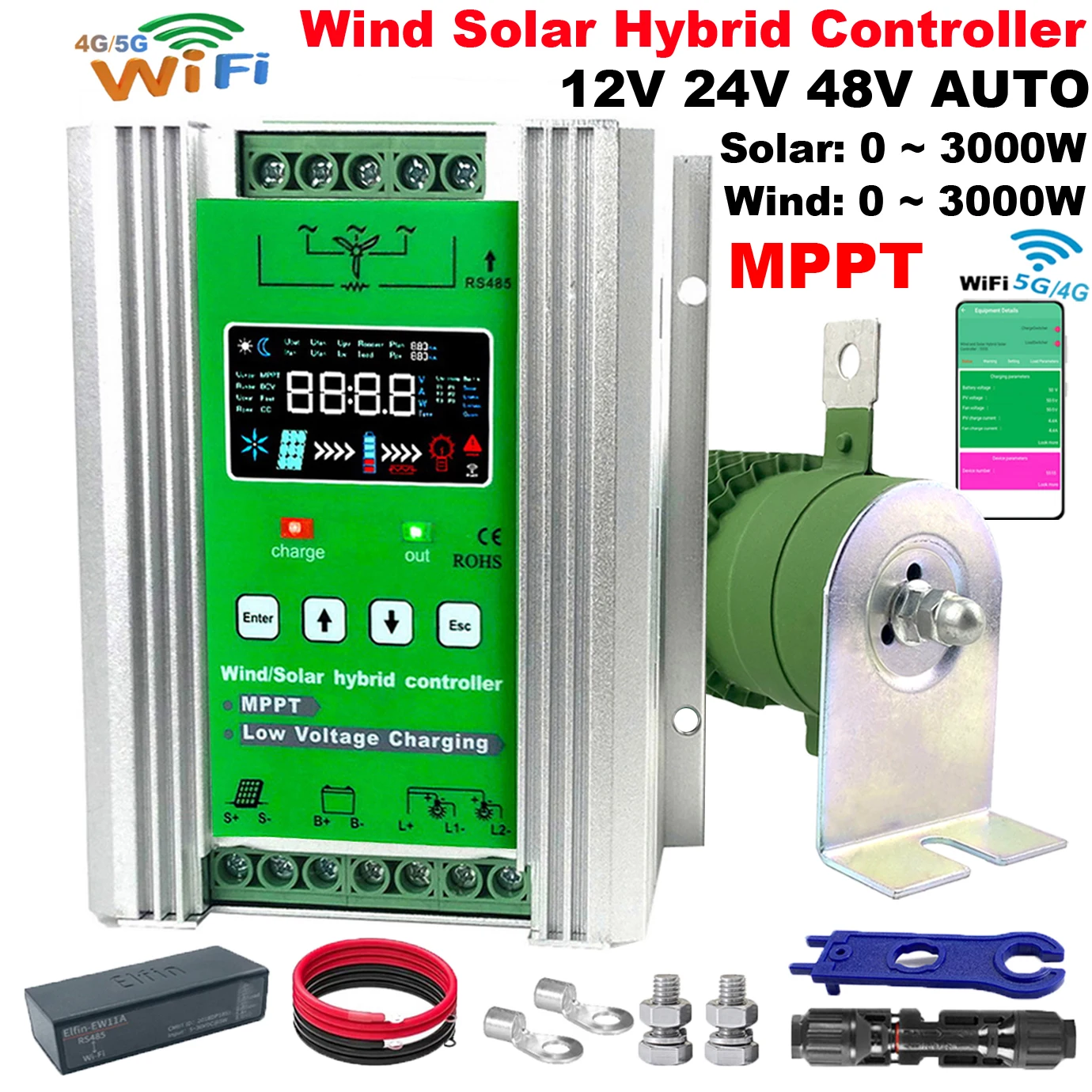 12V 24V 48V MPPT 1200W 1500W 2000W 3000W 4000W Hybrid Wind Solar Charge Controller With Free Dump load wifi For All Battery