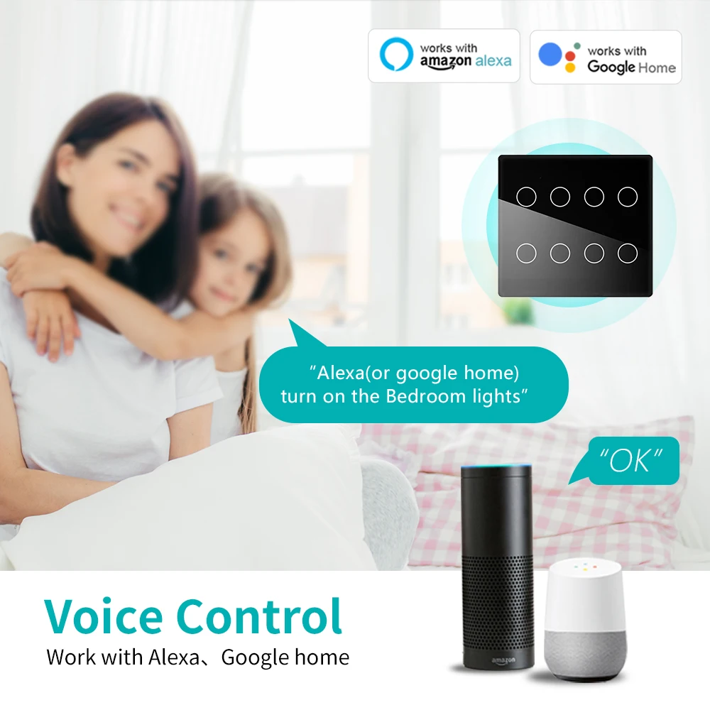 MANHOT Wifi Smart 4*4 Brazil Switch 4/6/8 Gang Light Wall Touch Switch Glass Panel APP Control Work With Tuya Alexa Google Home