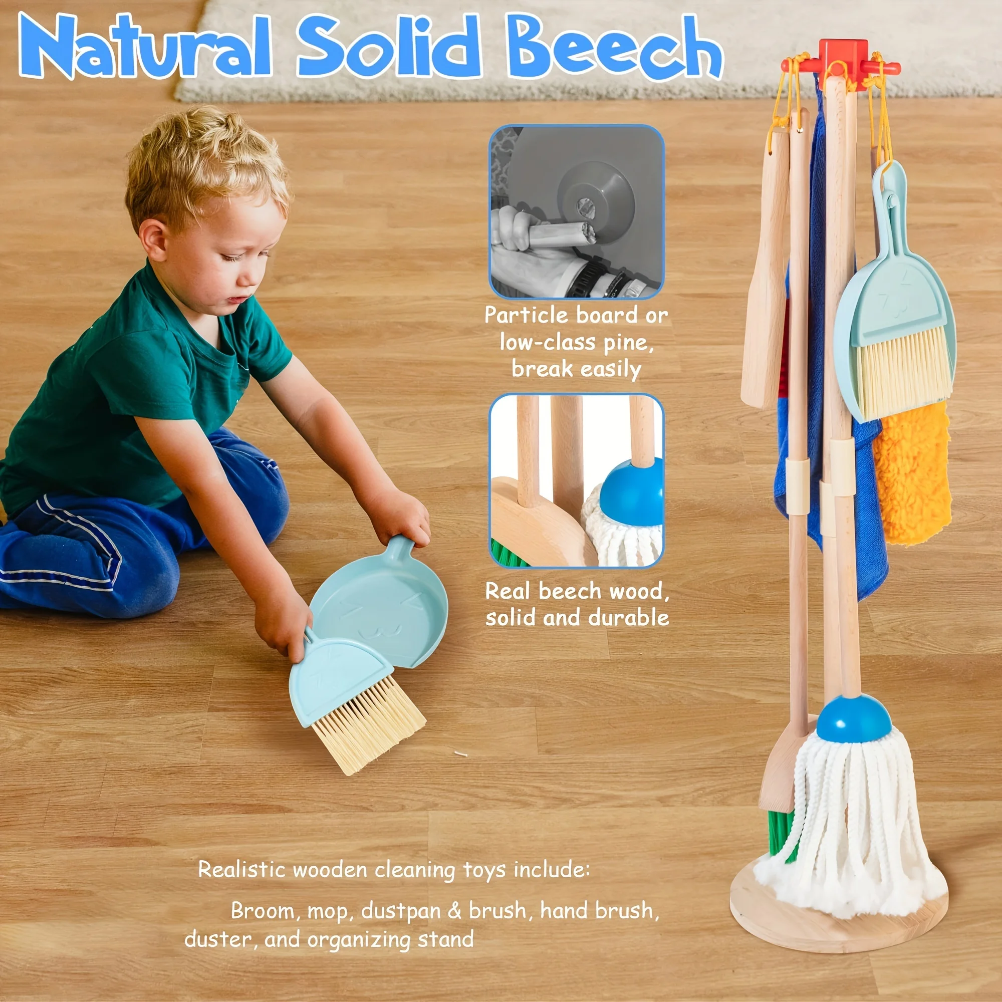 Wooden Kids Cleaning Set For Toddlers,8 Pieces Montessori Cleaning Toys With Kids Broom And Mop Set, Pretend Play Toy Gift