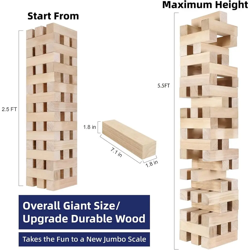 Juego gigante de apilamiento de madera de 51 piezas: torre de caída para niños y adultos: desafío de bloques de madera para exteriores/interiores
