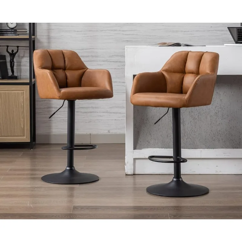 

Modern Swivel Bar Stools Set of 2 Leather Counter Height Barstools with Back and Arms Adjustable Bar Stool Chairs with Metal