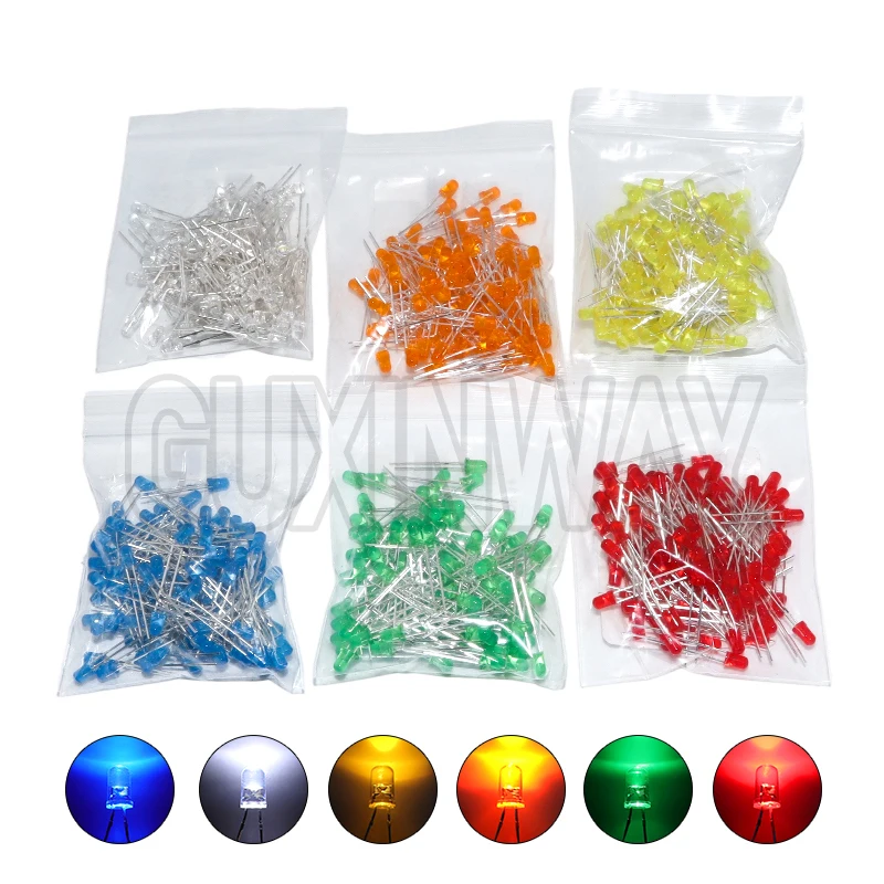 100PCS 3mm LED Diode F3 Assorted Kit White Green Red Blue Yellow Orange Pink Purple Warm White DIY Light Emitting Diode