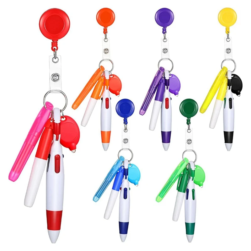 Top-6Pack Badge Reel Pen Retractable Pens Clip With Mini Highlighter Nurse Pens Neon Marker Pen LED Keychain Key Ring