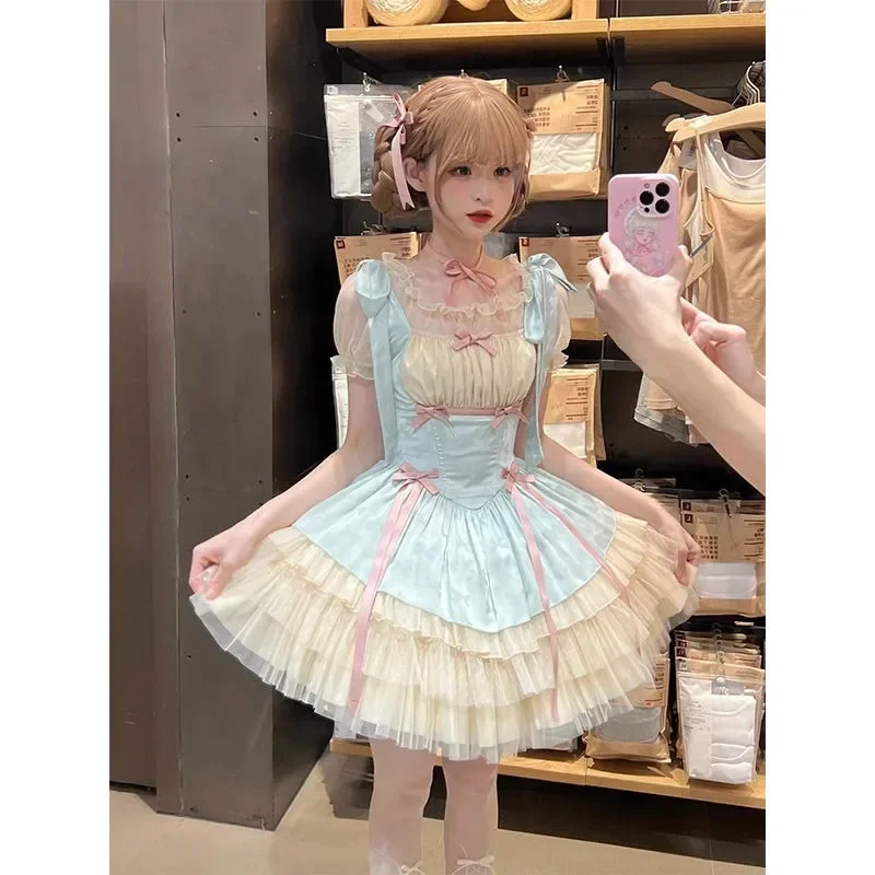 Kawaii Blue Lace Puff Sleeve Lolita OP Dress Pink Bow Women Y2k Cute Cosplay Princess Skirt with Tutu Skirt Victorian Mini Dress