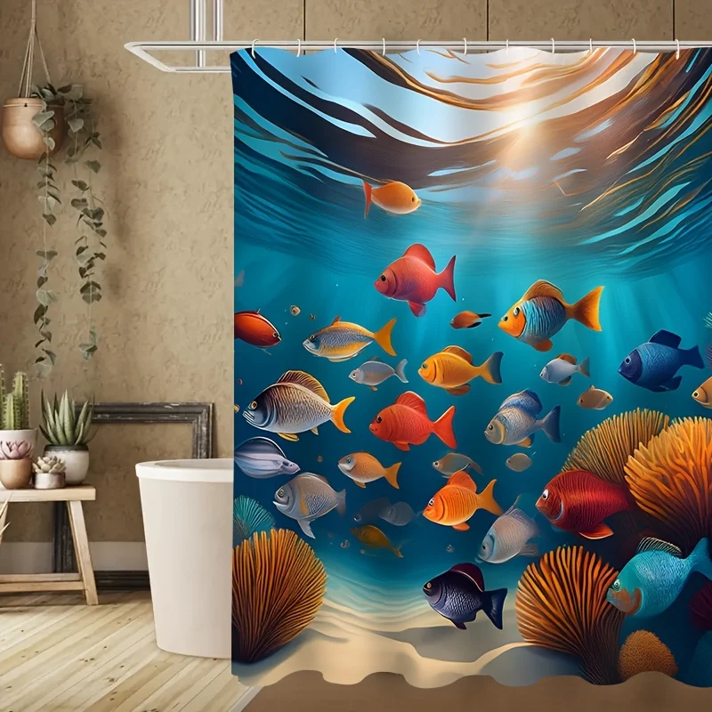 4pcs Vibrant Fish and Coral Shower Curtain Set with 12 Hooks - Polyester, All-Season Bathroom Accessories, Includes Matching