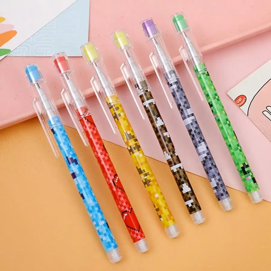 6 pieces of creative mosaic shaped egg pens 9 segment design vivid pixel pattern in different colors transparent pen case