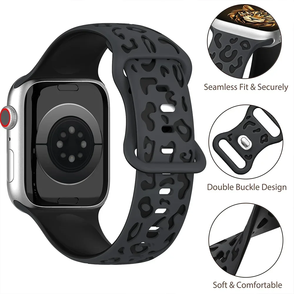 Engraved Leopard Straps For Apple Watch Band ultra 2 49mm 45mm 44mm 42mm 41mm 40mm Silicone bracelet for Series 9 8 7 se 3 6 5 4