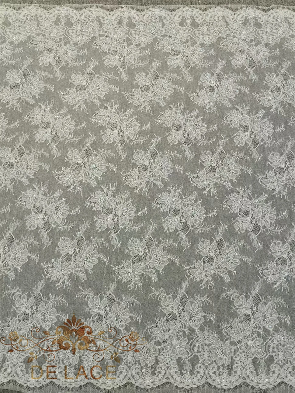 Luxury Floral Embroidered French Chantilly Lace With Beaded Soft Eyelash Corded Lace Wedding Dress Sequins Lace Fabric