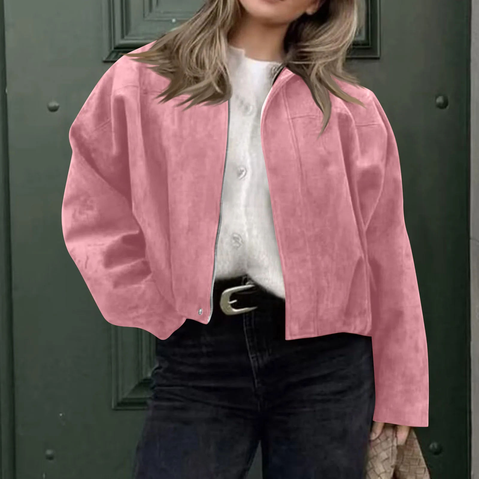 

Women'S Suede-Textured Loose-Fitting Bomber Jacket Fashionable Lapel New Spring Style Batwing Sleeves Long Sleeves Zipper 2025