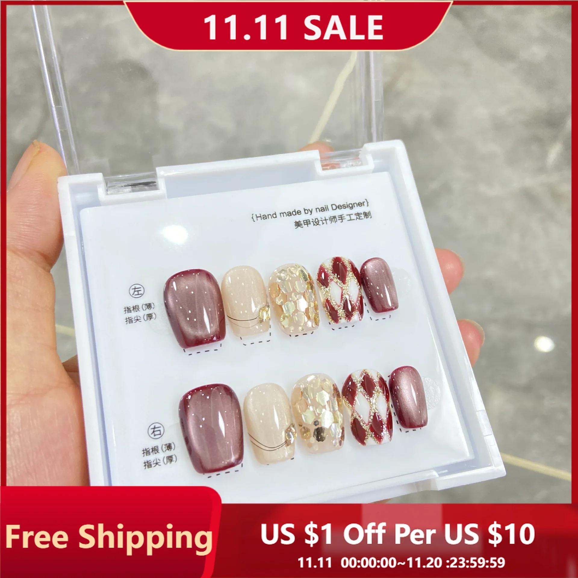 

10pcs Handmade Press on Nails Red Plaid Diamond Burgundy Floral Pattern False Nail for Women&Girl Removable Wearable False Nail