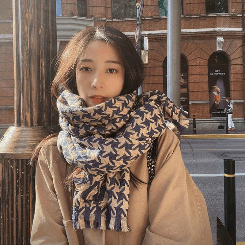 Fashion knitting Cashmere Scarf for Women Houndstooth Winter Pashmina Shawl and Wrap Design Blanket Stole Bufanda Female 2022