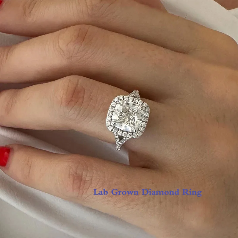 3 Ct Cushion Cut EF/VS VVS Lab Grown Diamond Engagement Ring Platinum 950 Split Shank Pave Halo Engagement Ring For Girls
