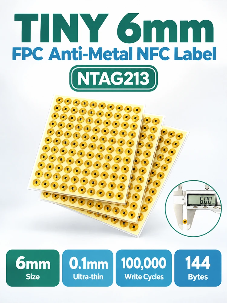 Tagi NFC NTAG213 o średnicy 6 mm, programowalne naklejki RFID, okrągłe, wodoodporne, elastyczne etykiety NFC FPC do telefonów i urządzeń noszonych. — 2