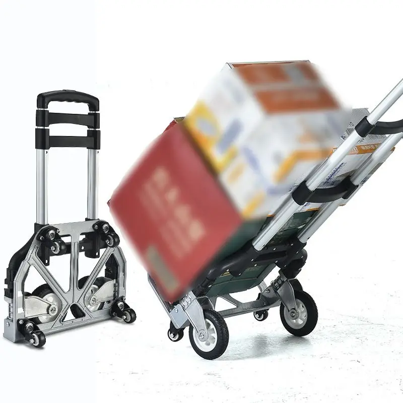 Portable Folding Trailer Aluminum Alloy Trolley Folding Stair Cart With Wheels Home Lightweight Climbing Travel Folded Trolley