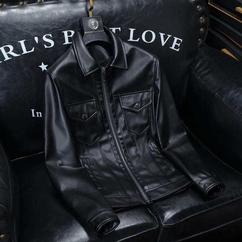 

2025 Spring High Quality Leather Jacket Men Multi Pocket Motorcycle Jacket Lapel Zipper Casual Business PU Coats Men Clothing