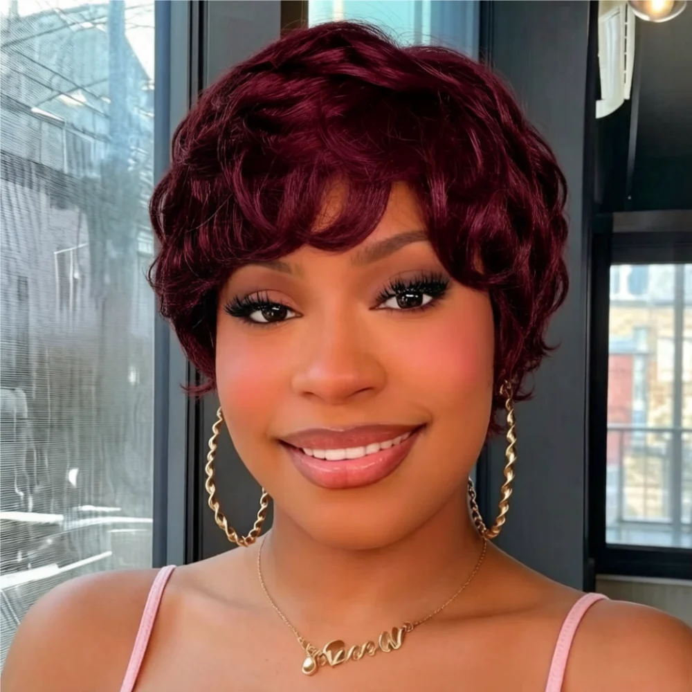 

Luxury Burgundy 99J Short Layered Curly Pixie Cut Wig - Human Hair with Bangs, Natural Wave full machine made Daily Wig