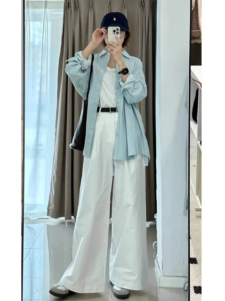 جينز أبيض واسع الساق من قماش الدنيم للنساء عالي الخصر فضفاض للتخسيس ثنى كسول بطول الأرض سروال كاجوال مستقيم #3