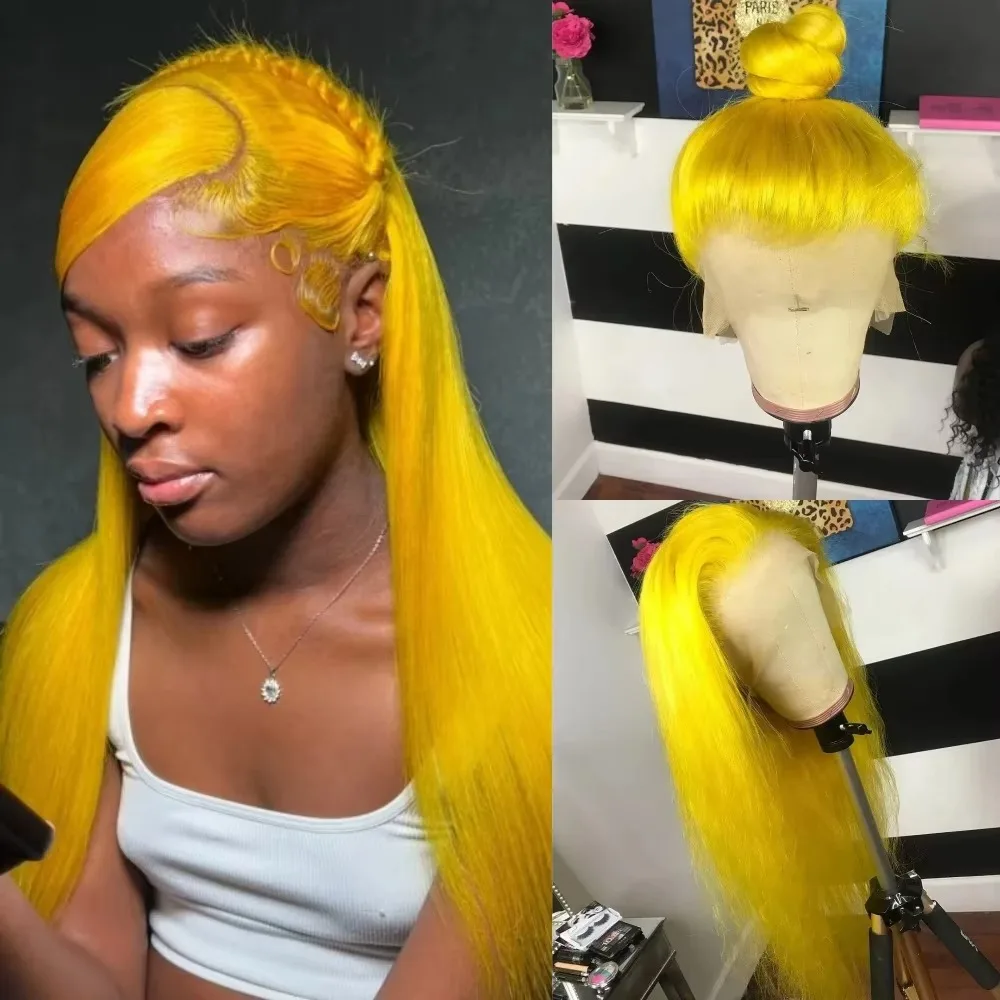 Bone Straight Lace Front Wig Yellow Wig 13x4 HD Free Part Synthetic Pre Plucked Glueless On Clearance Sale Party Daily Cosplay
