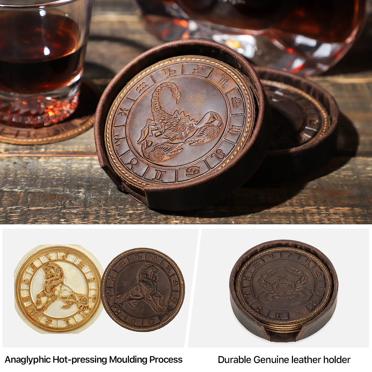 6pcs/set Genuine Leather Zodiac Coaster Drink Coffee Cup Mat Round Pad Table Placemats Round Tea Pad Home Decoration