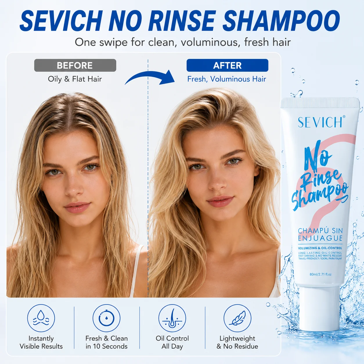 Wasserloses No-Rinse-Shampoo für Frauen, ölabsorbierendes Trockenshampoo, volumenverstärkend, für frisches, sauberes Haar, tragbare Reise-Haarpflege, 80 ml