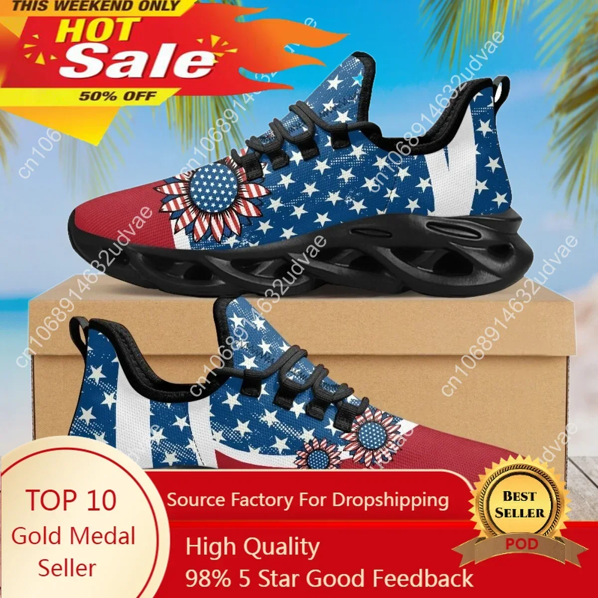 2023 American Flag Design Women‘s Lace-up Mesh Sneakers Summer Breathable Air Cushion Platform Shoes Sunflower Print Tennis Shoe