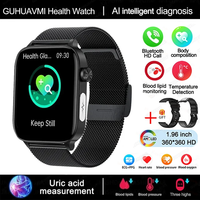 2025 Nieuwe AI Diagnose Bloedlipiden Urinezuur Lichaamssamenstelling Test Smart Horloge Voor Mannen ECG + PPG Bluetooth Oproep gezondheid Smartwatch