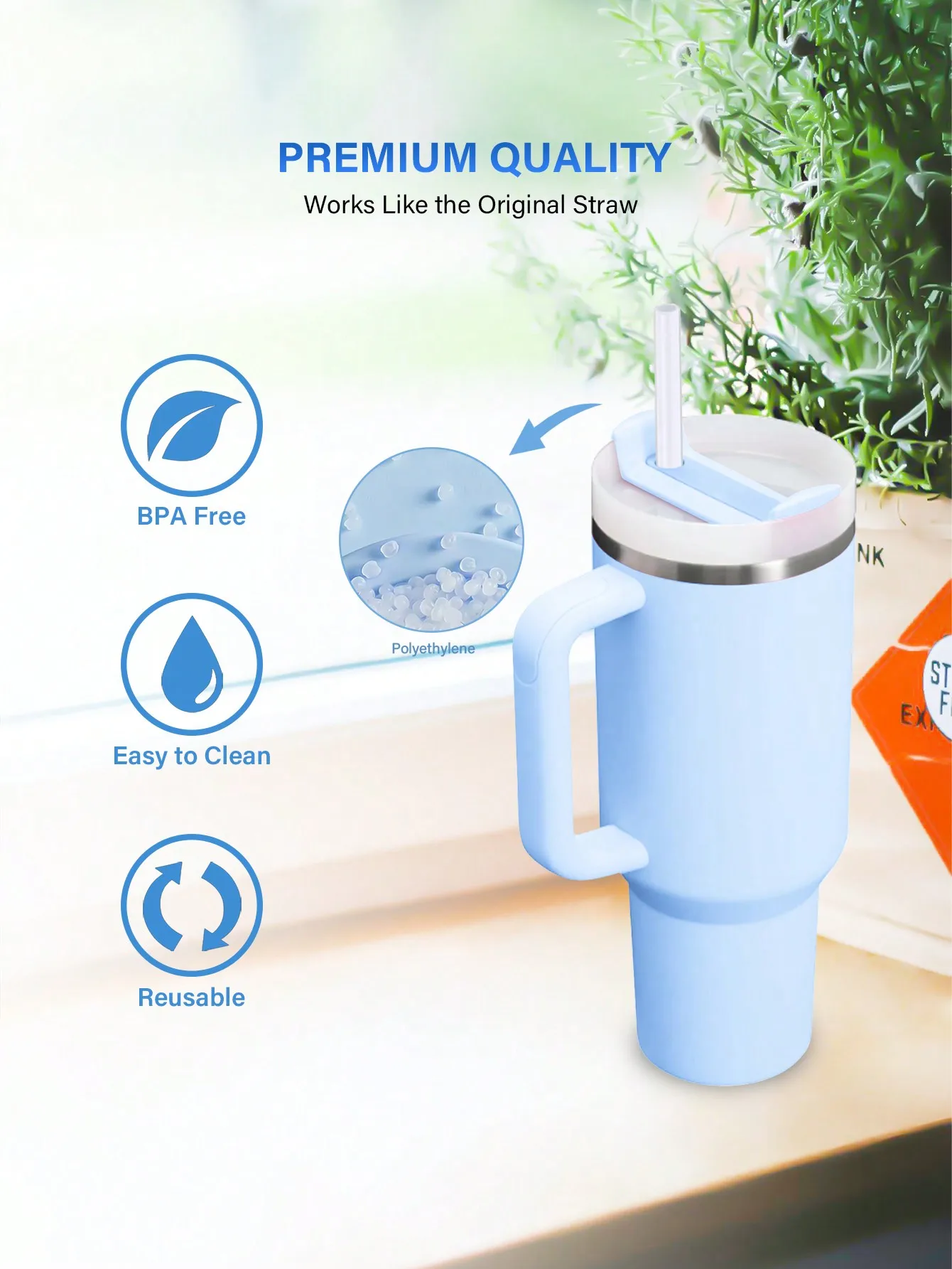 Clear Reusable Replacement Straws with Cleaning Brush Compatible with 40oz Handle Tumbler Travel Mug