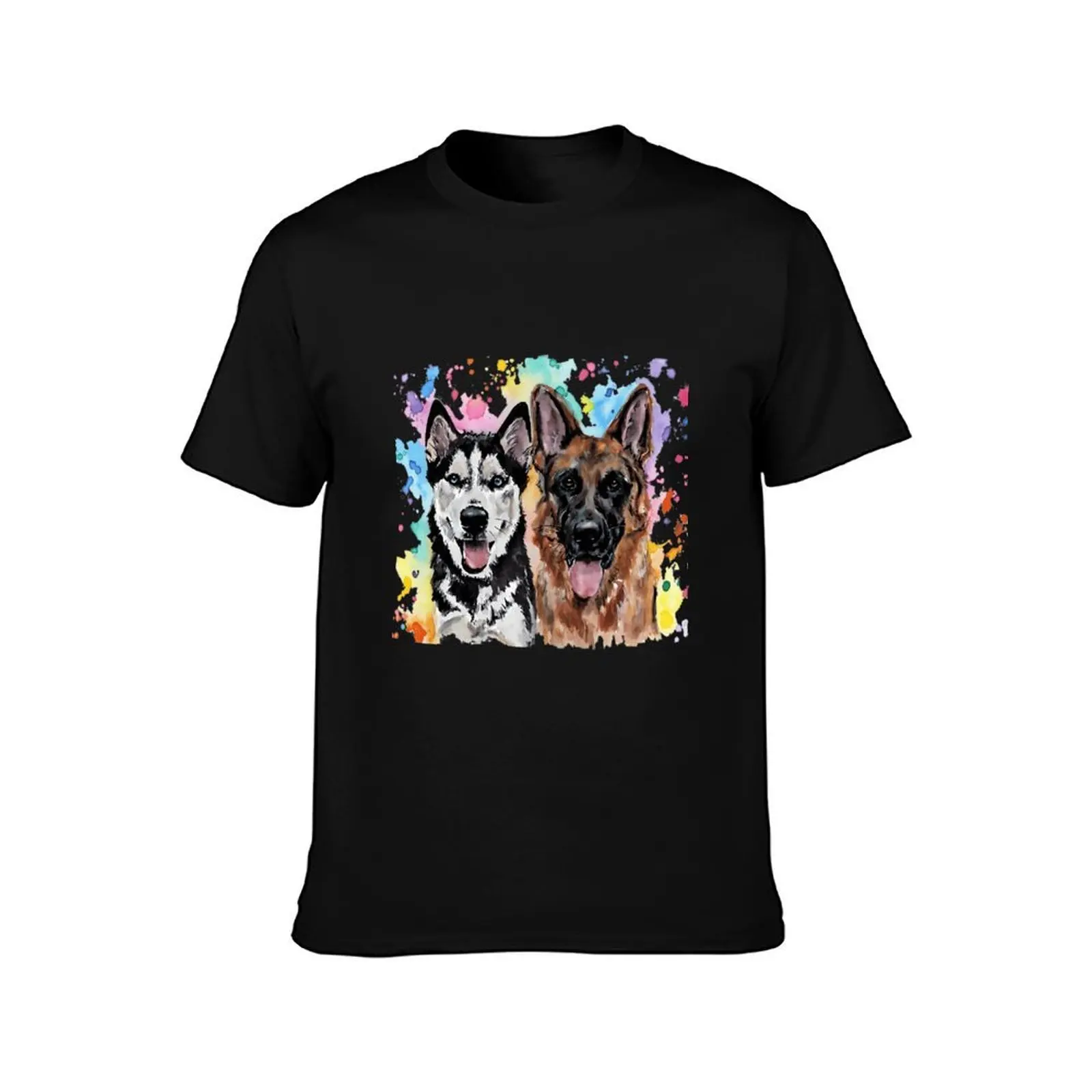 Watercolour Husky and German Shepherd T-Shirt, Summer Casual Cotton Tee, Oversized Streetwear Tops, Vintage Graphic Print