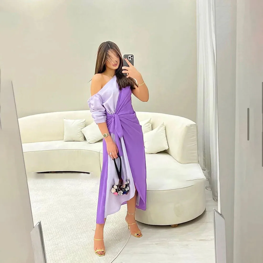 

Purple Patchwork Dubai Evening Gowns One Shoulder Prom Party Dresses for Women Outfits Custom Made Simple Solid Colors