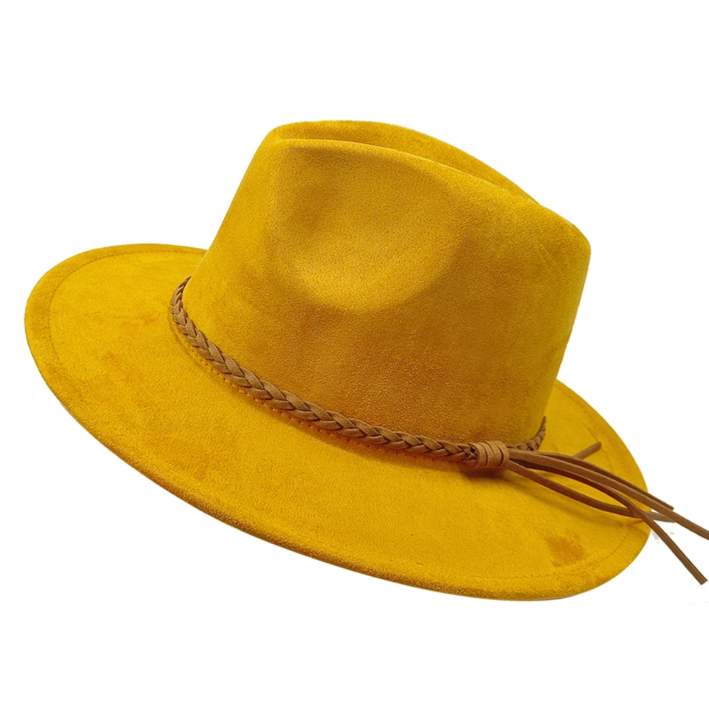 New Yellow Suede Fedora Jazz Cap Chapeau Femme feutre Panaman Hat Fedora Hat for Women Men Belt Vintage Trilby Caps