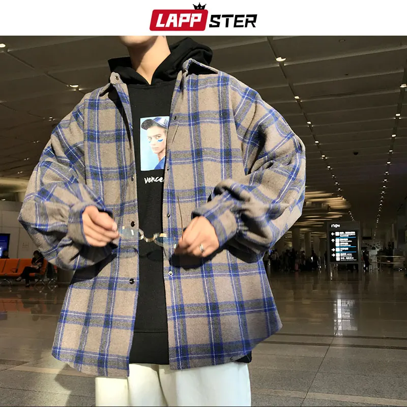 LAPPSTER Y2k Harajuku Harajuku Plaid Shirt 2023 Man Streetwear Fleece Shirts Long Sleeve Mens Vintage Korean Fashions Clothes