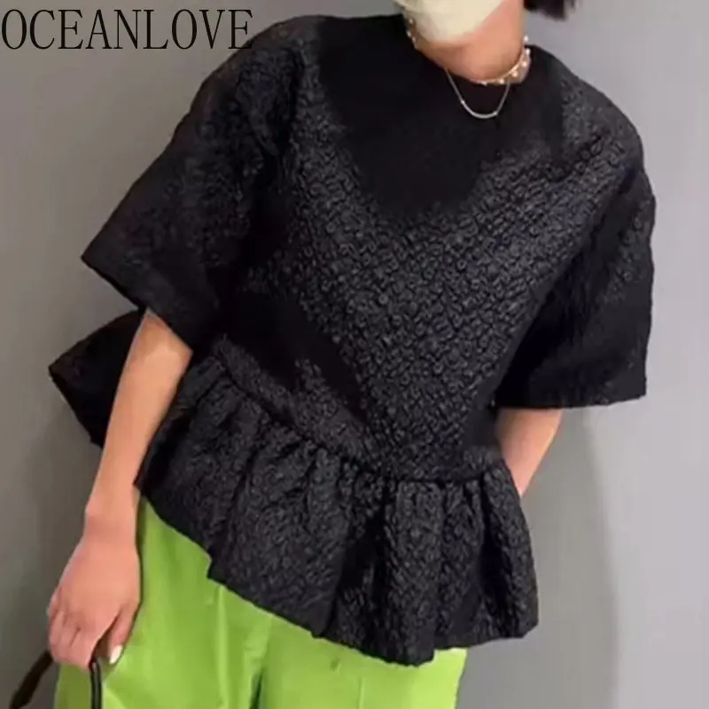 OCEANLOVE T Shirt for Women Solid Japan Style Loose Summer Vintage Ropa De Mujer Elegant Puff Sleeve Elegant Camisetas