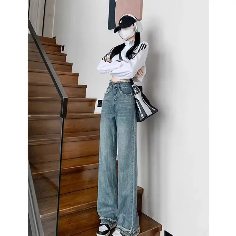 LEDP Women Jeans Wide-Leg High Waist Design Loose Fashion Stretch Design Jeans