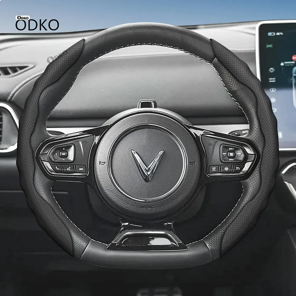 Suitable for Vinfast Steering Wheel Cover, Wave-Shaped Sport Design, Breathable Leather, Segmented, Non-Slip, Sweat-Absorbent,